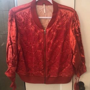 FREE PEOPLE Embroidered Red Satin Tassel Jacket